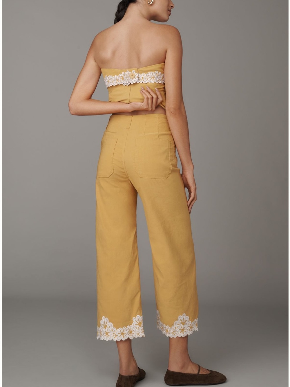 Anthropologie Maeve Colette Narcissus Yellow Embroidered Wide-Leg Pants - Picture 4 of 5
